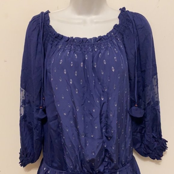 Hale Bob Navy Silk Saige blouson Patchwork Long sleeve dress Size Small - Picture 3 of 11